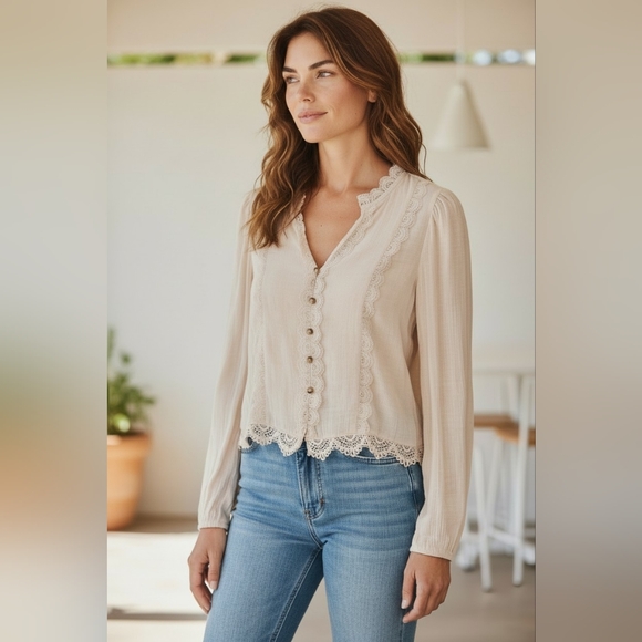 Blu Pepper Tops - Blu Pepper Lace Trim Boho Tie Back Crop Blouse Cream Juniors Medium Cottagecore
